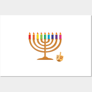 Hanukkah with menorah and wooden dreidel Posters and Art